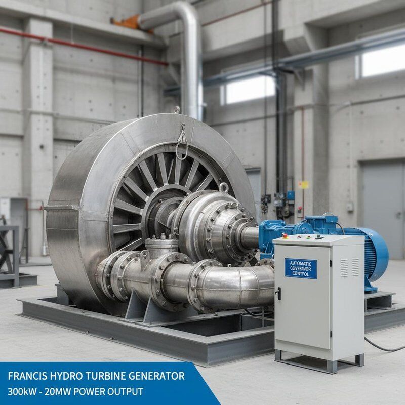 50 Hz veya 60 Hz hidroelektrik santralleri için 300kW'dan 20 MW'a kadar güç çıkışı ve otomatik vali kontrolü olan Francis Turbine Generator
