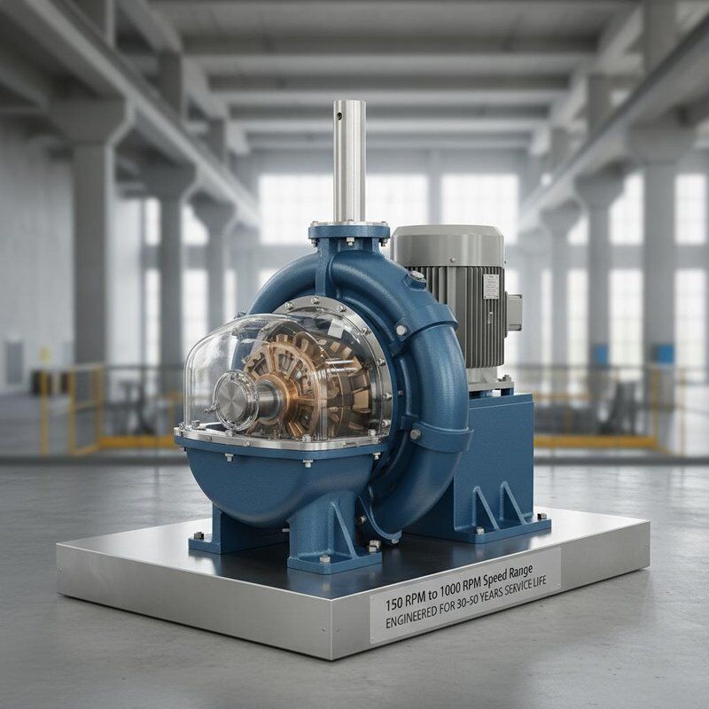 150 RPM'den 1000 RPM'ye kadar hız aralığı, 30 ila 50 yıllık ömür süresi ve hidroelektrik santralleri için 300kW ila 20MW güç çıkışı olan Francis Turbine Generator